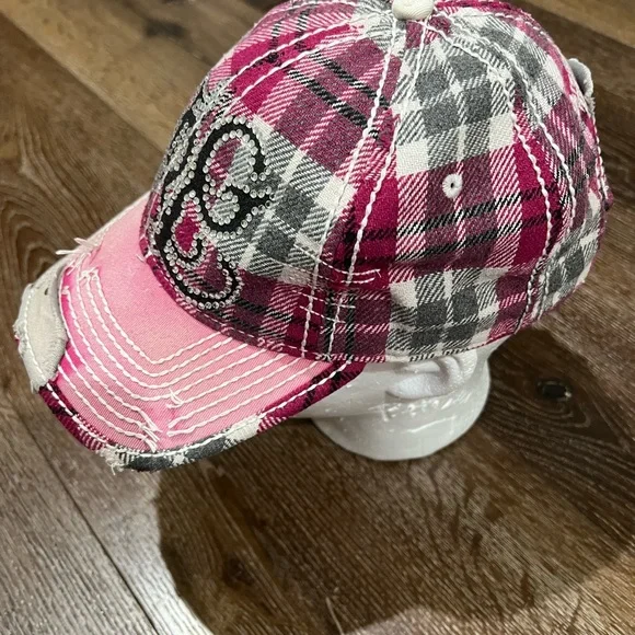 True Religion distressed Pink and Gray Plaid rhinestones Hat  display picture 2